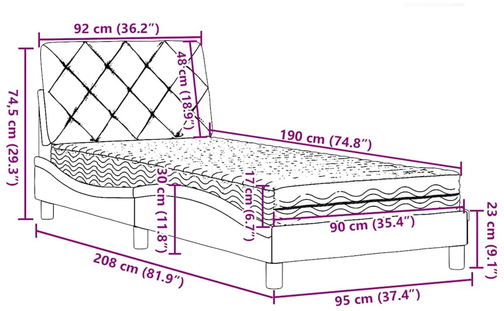 Lova su čiužiniu, mėlynos spalvos, 90x190cm, audinys