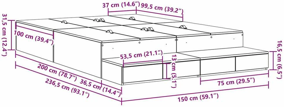 Lova su daiktų laikymo vieta Balta 150 cm Apdirbta mediena