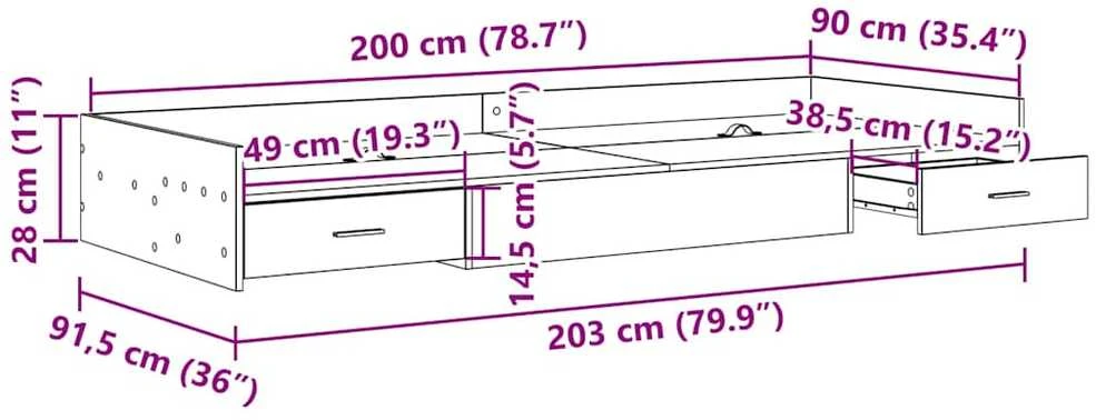 Lova Lovos rėmas su stalčių Balta 90 x 200 cm Apdirbta mediena