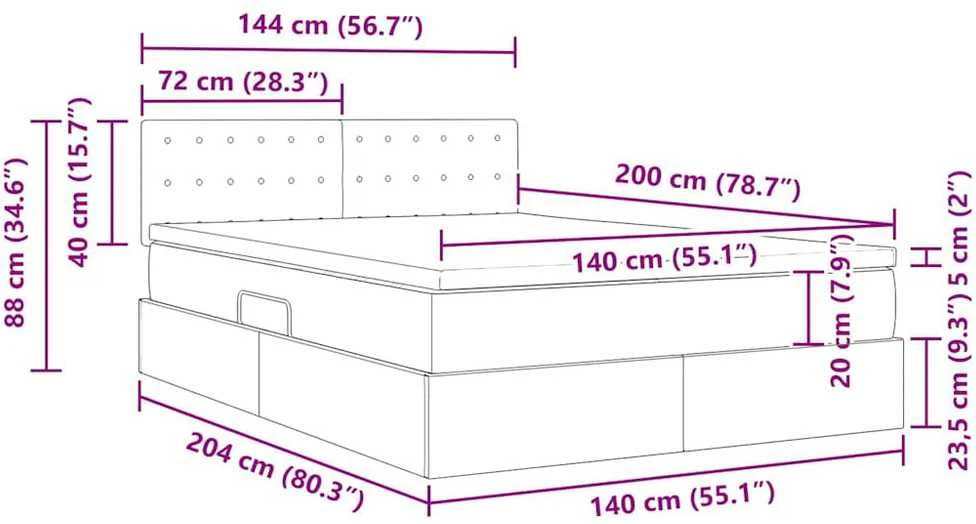 LED saugojimo lova su čiužiniu Juoda 140 x 200 cm Aksomas