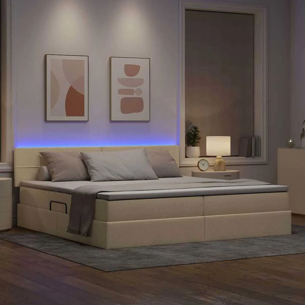 LED saugojimo lova su čiužiniu Kremas 200 x 200 cm Audinys