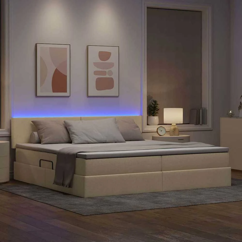 LED saugojimo lova su čiužiniu Kremas 200 x 200 cm Audinys