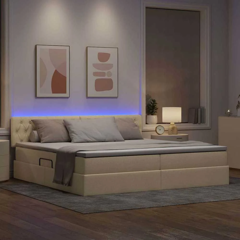 LED saugojimo lova su čiužiniu Kremas 200 x 200 cm Audinys