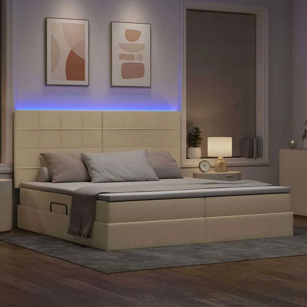 LED saugojimo lova su čiužiniu Kremas 200 x 200 cm Audinys
