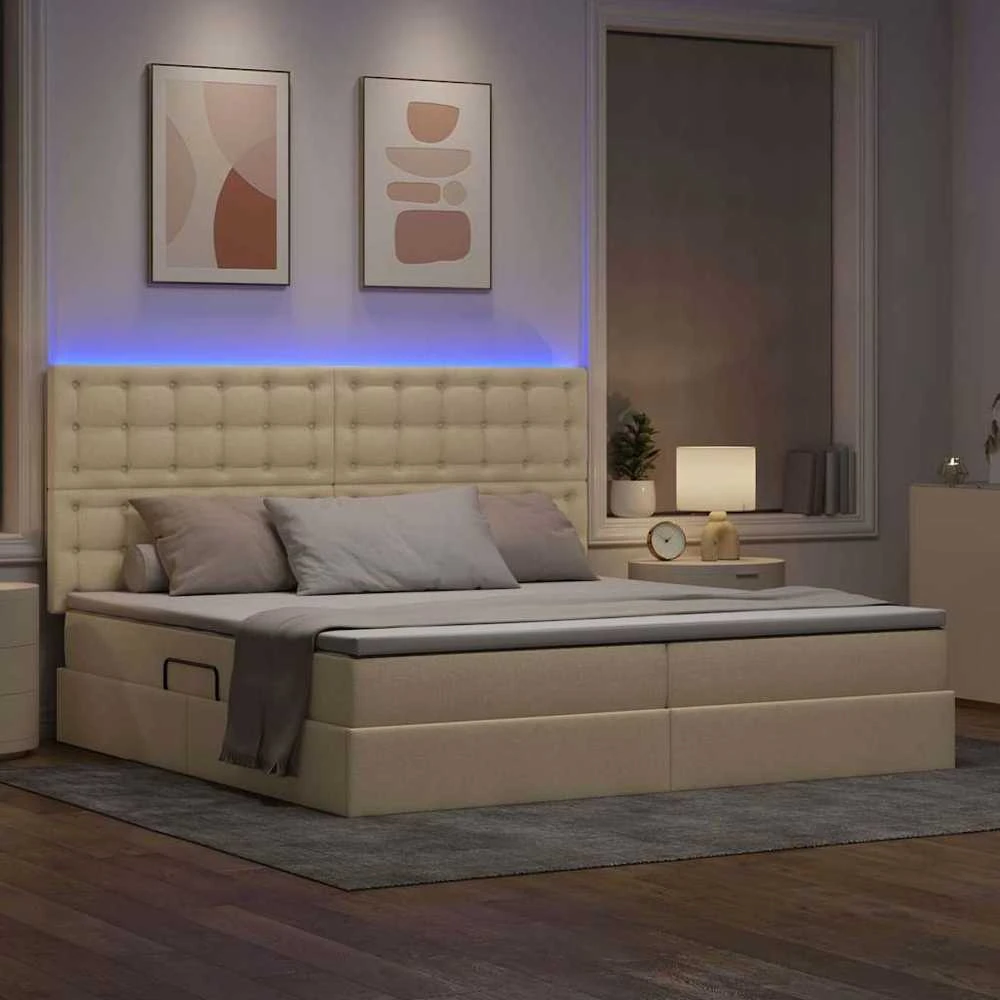 LED saugojimo lova su čiužiniu Kremas 200 x 200 cm Audinys