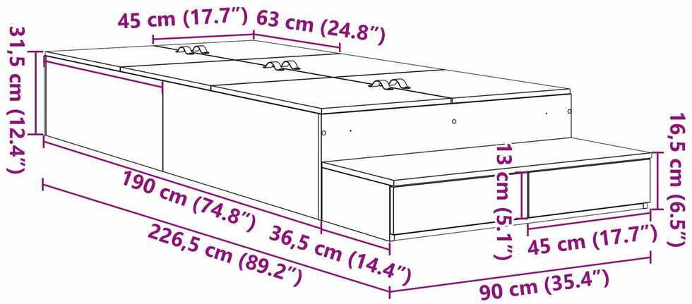 Lova su daiktų laikymo vieta su stalčių Senovinis medis 90 cm