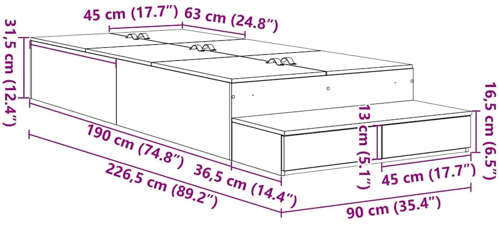 Lova su daiktų laikymo vieta su stalčių Betono pilka 90 cm