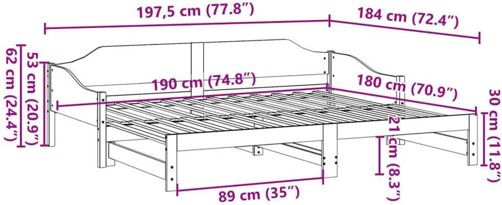 Lova su ištraukiama dalimi be čiužiniu, ruda, 90x190cm medienos