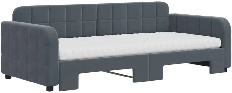 Lova su ištraukiama dalimi/čiužiniu, pilka, 90x190cm, aksomas