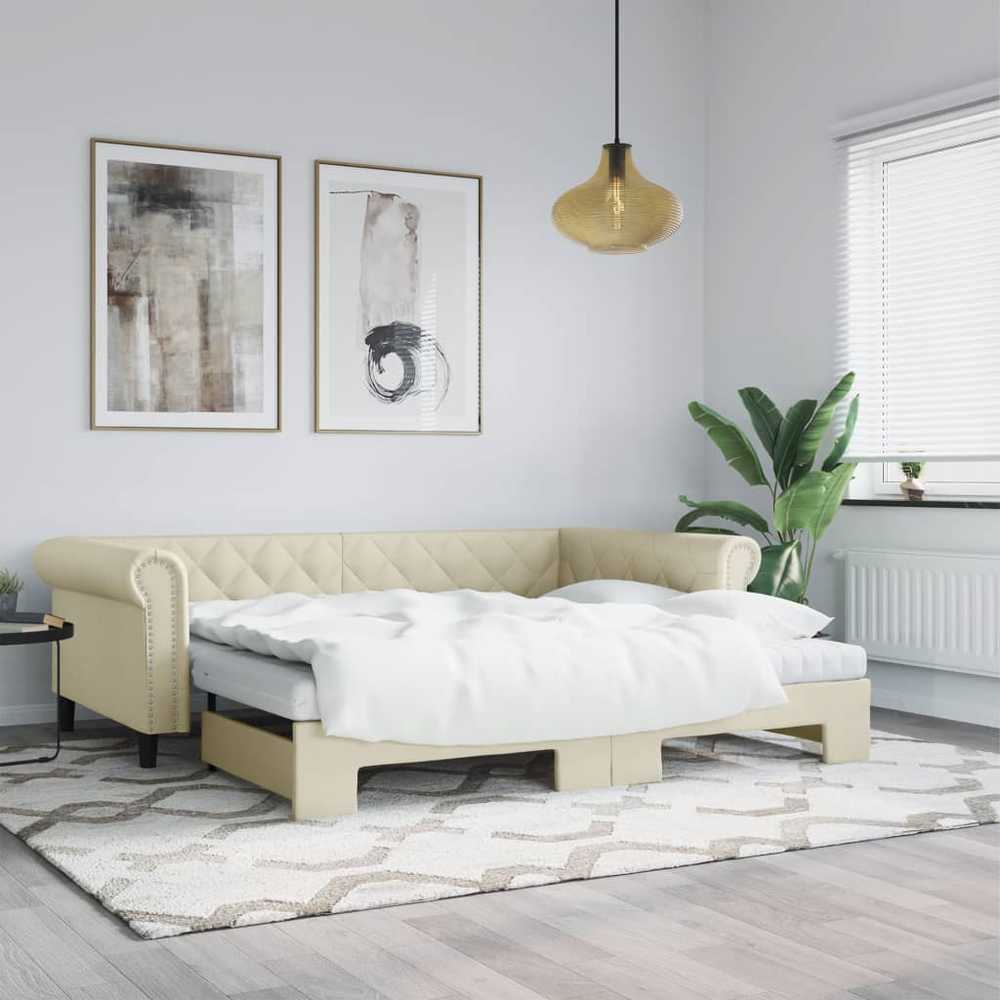 Lova su ištraukiama dalimi, kreminė, 90x200cm, dirbtinė oda