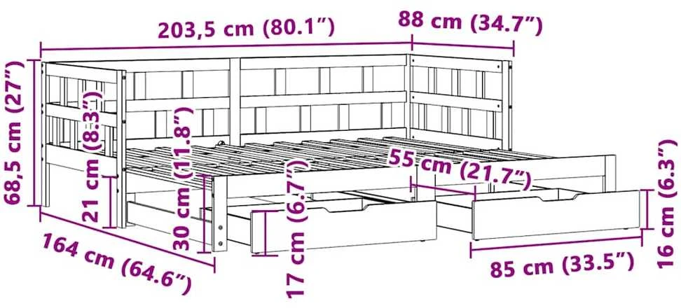Lova su ištraukiama dalimi/stalčiais be čiužinio balta 80x200cm