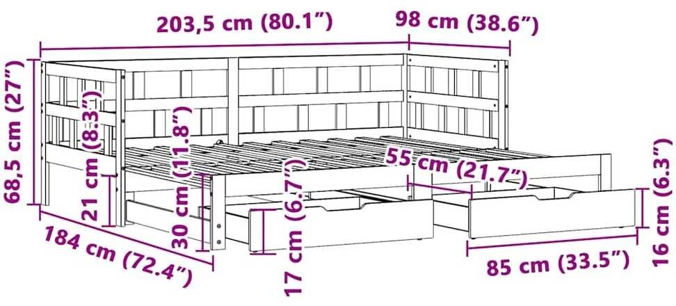 Lova su ištraukiama dalimi/stalčiais be čiužinio balta 90x200cm