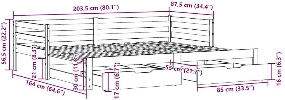 Lova su ištraukiama dalimi/stalčiais be čiužinio balta 80x200cm