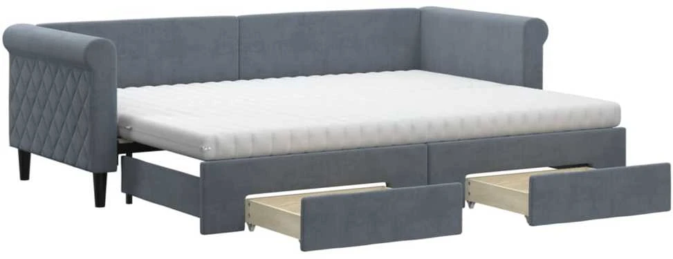 Lova su ištraukiama dalimi/stalčiais, pilka, 80x200cm, aksomas