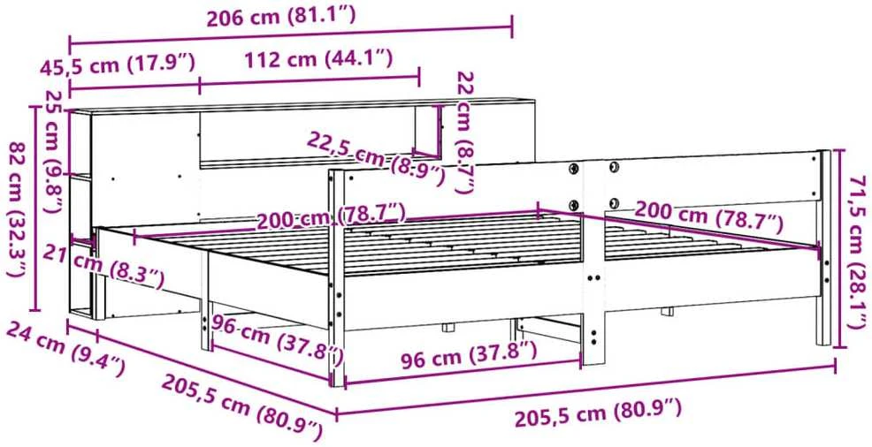 Lova su knygų spinta be čiužinio, ruda, 200x200cm, pušis