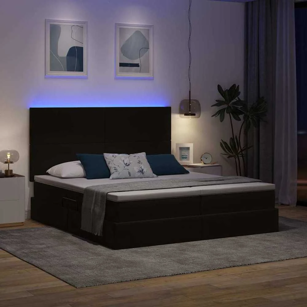 LED saugojimo lova su čiužiniu Juoda 180 x 200 cm Aksomas