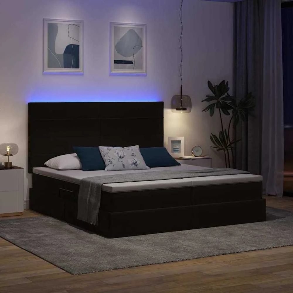LED saugojimo lova su čiužiniu Juoda 200 x 200 cm Aksomas