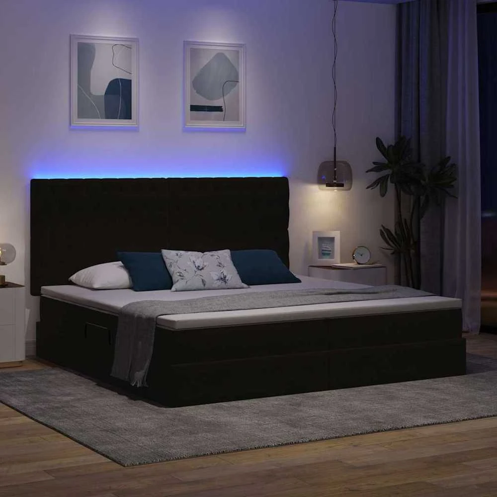 LED saugojimo lova su čiužiniu Juoda 200 x 200 cm Aksomas