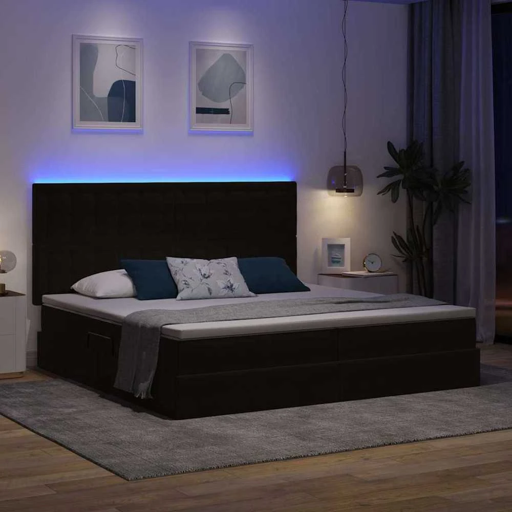 LED saugojimo lova su čiužiniu Juoda 200 x 200 cm Aksomas