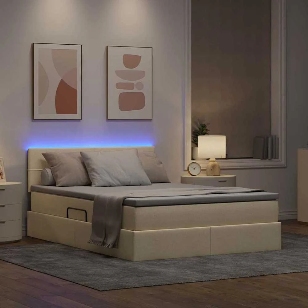 LED saugojimo lova su čiužiniu Kremas 140 x 190 cm Audinys