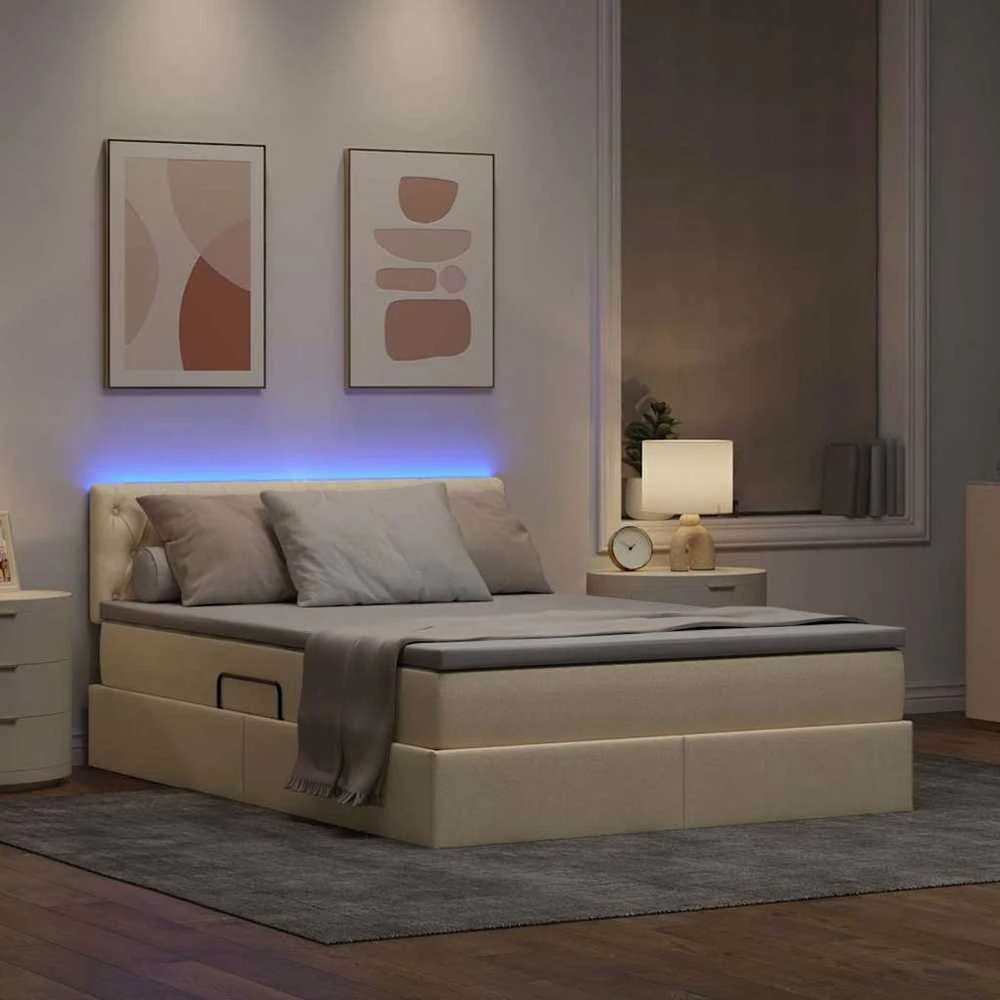 LED saugojimo lova su čiužiniu Kremas 140 x 200 cm Audinys