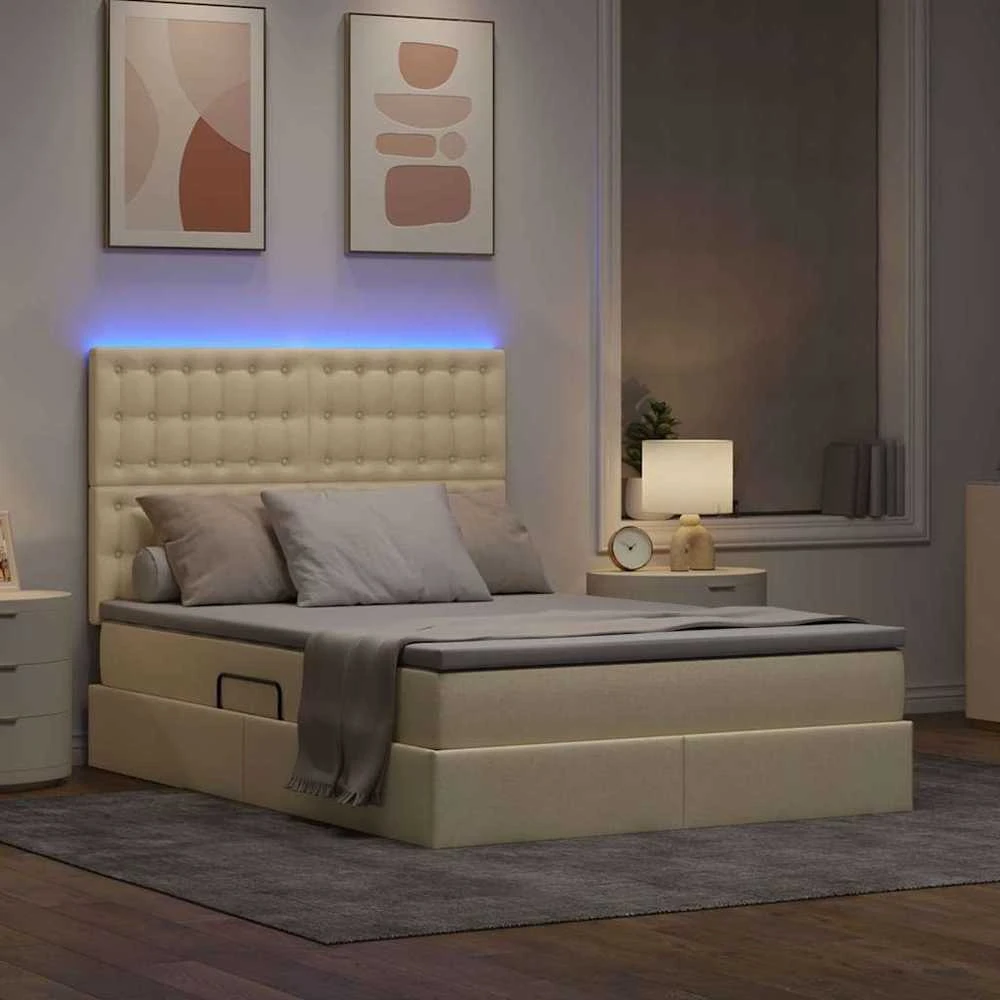 LED saugojimo lova su čiužiniu Kremas 140 x 190 cm Audinys