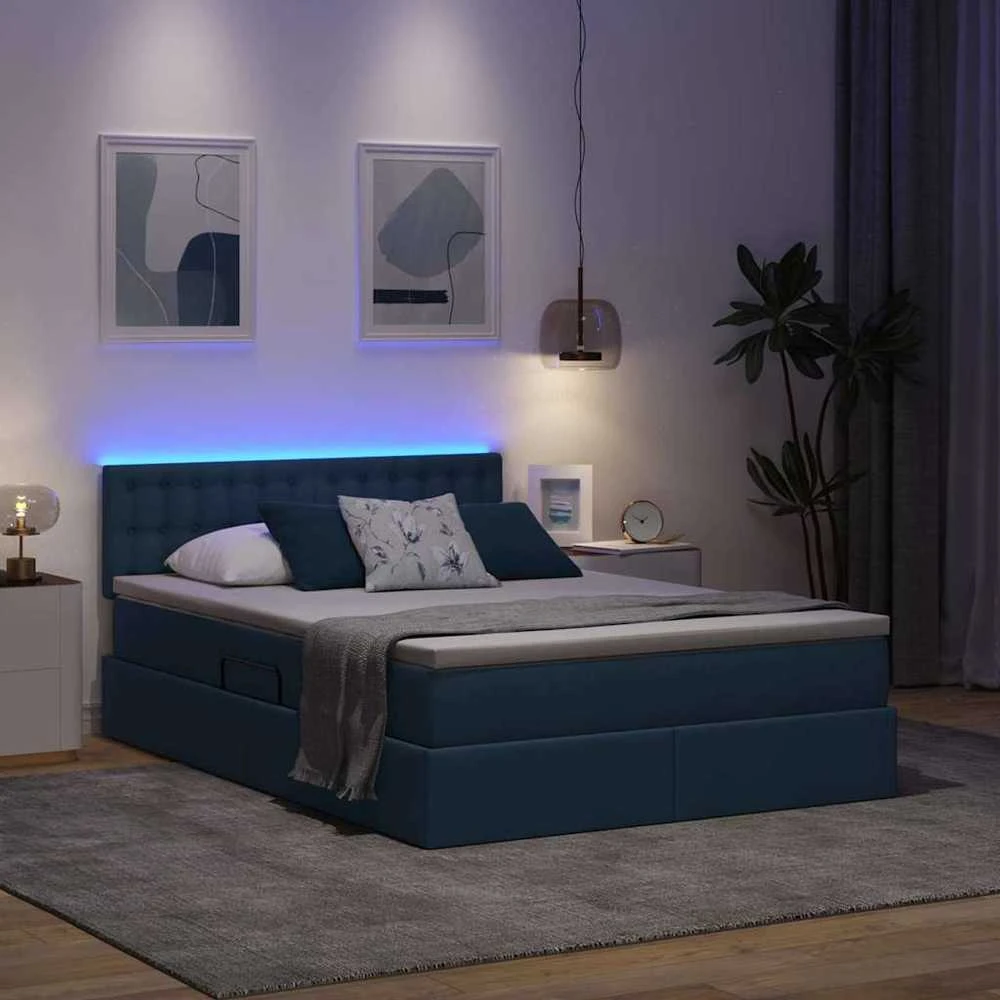 LED saugojimo lova su čiužiniu Mėlyna 140 x 200 cm Audinys