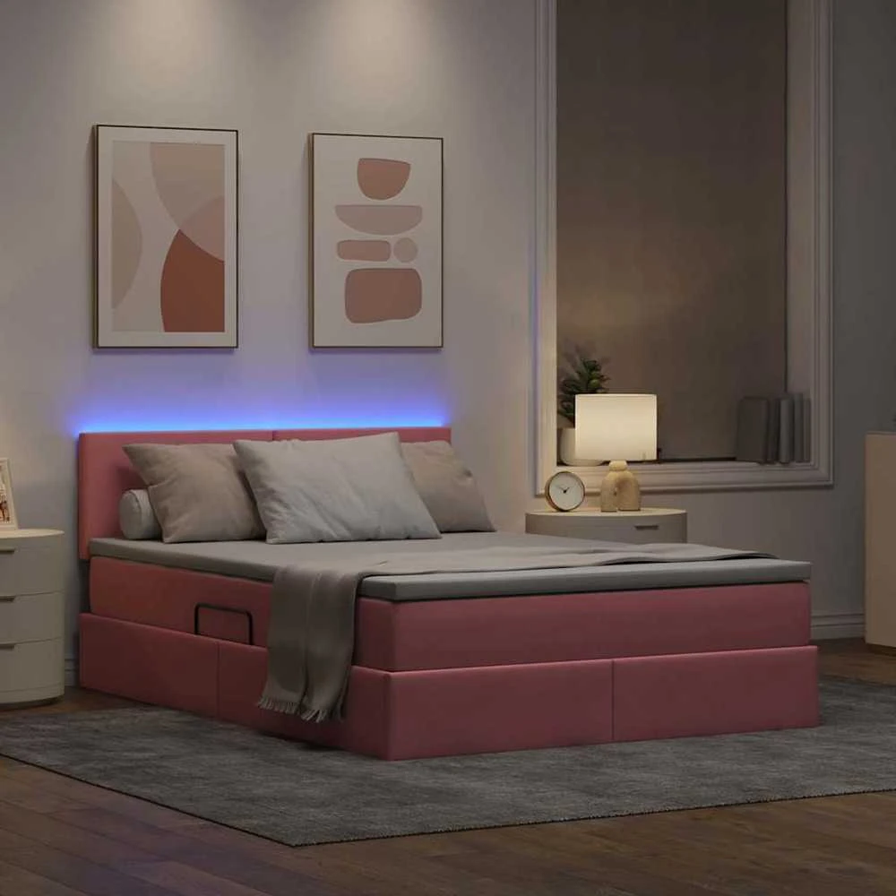 LED saugojimo lova su čiužiniu Rožinė 140 x 190 cm Aksomas