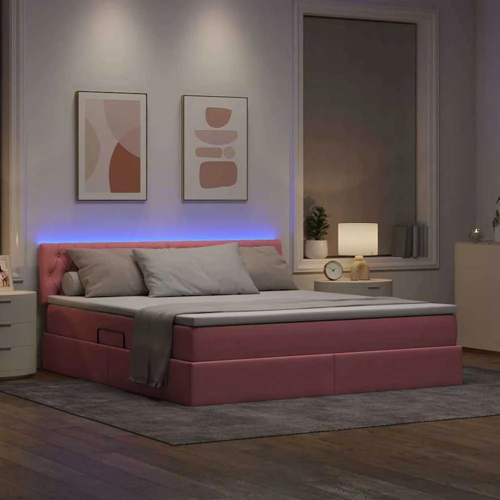 LED saugojimo lova su čiužiniu Rožinė 160 x 200 cm Aksomas