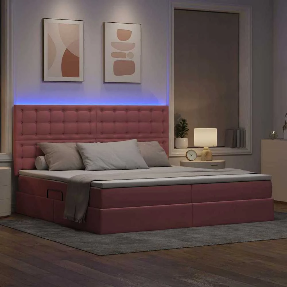 LED saugojimo lova su čiužiniu Rožinė 200 x 200 cm Aksomas