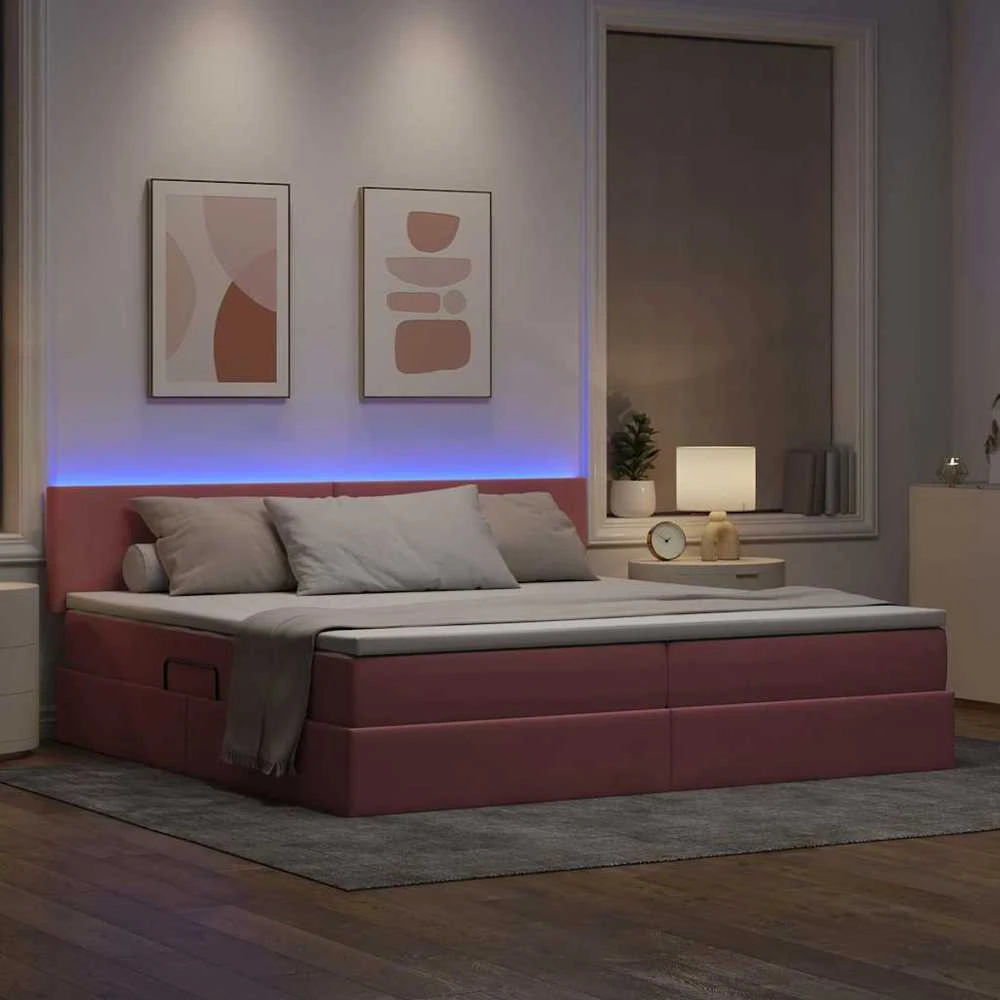 LED saugojimo lova su čiužiniu Rožinė 200 x 200 cm Aksomas