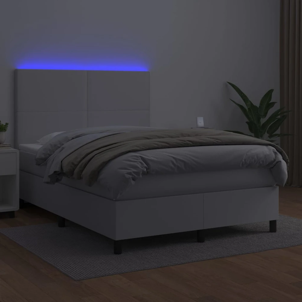 Lova su spyruoklėmis/čiužiniu/LED, balta 140x190cm dirbtinė oda
