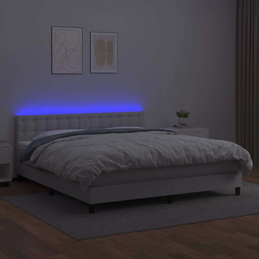 Lova su spyruoklėmis/čiužiniu/LED, balta 160x200cm dirbtinė oda