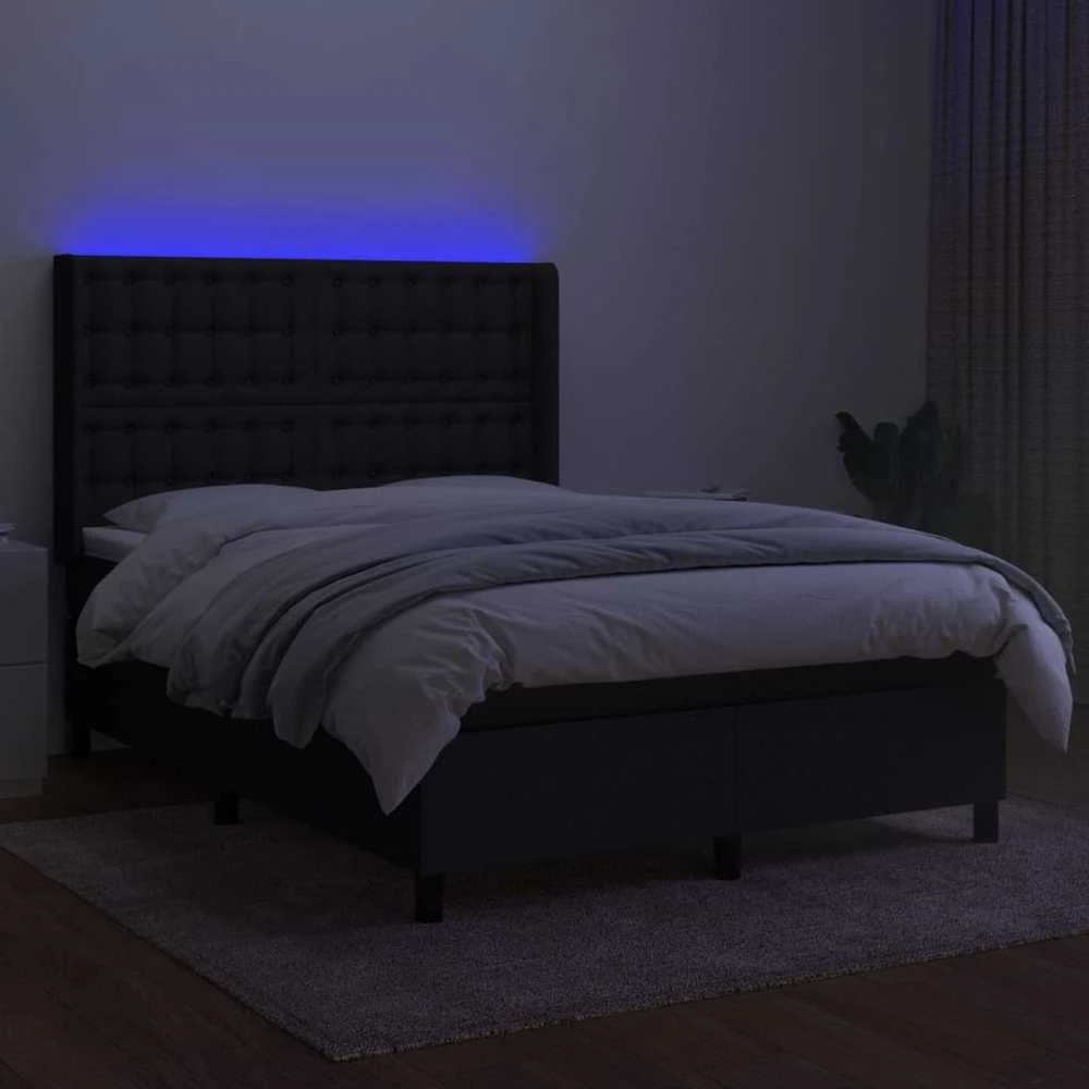 Lova su spyruoklėmis/čiužiniu/LED, juoda, 140x200 cm, audinys