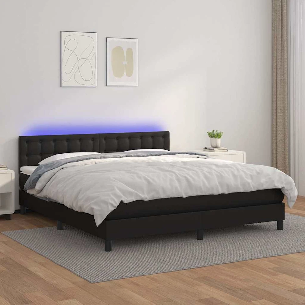 Lova su spyruoklėmis/čiužiniu/LED, juoda 180x200cm dirbtinė oda