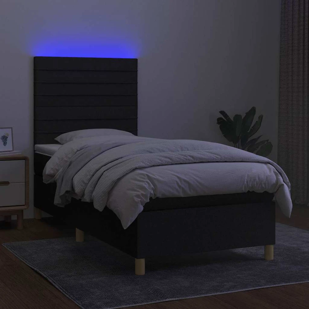 Lova su spyruoklėmis/čiužiniu/LED, juoda, 100x200 cm, audinys