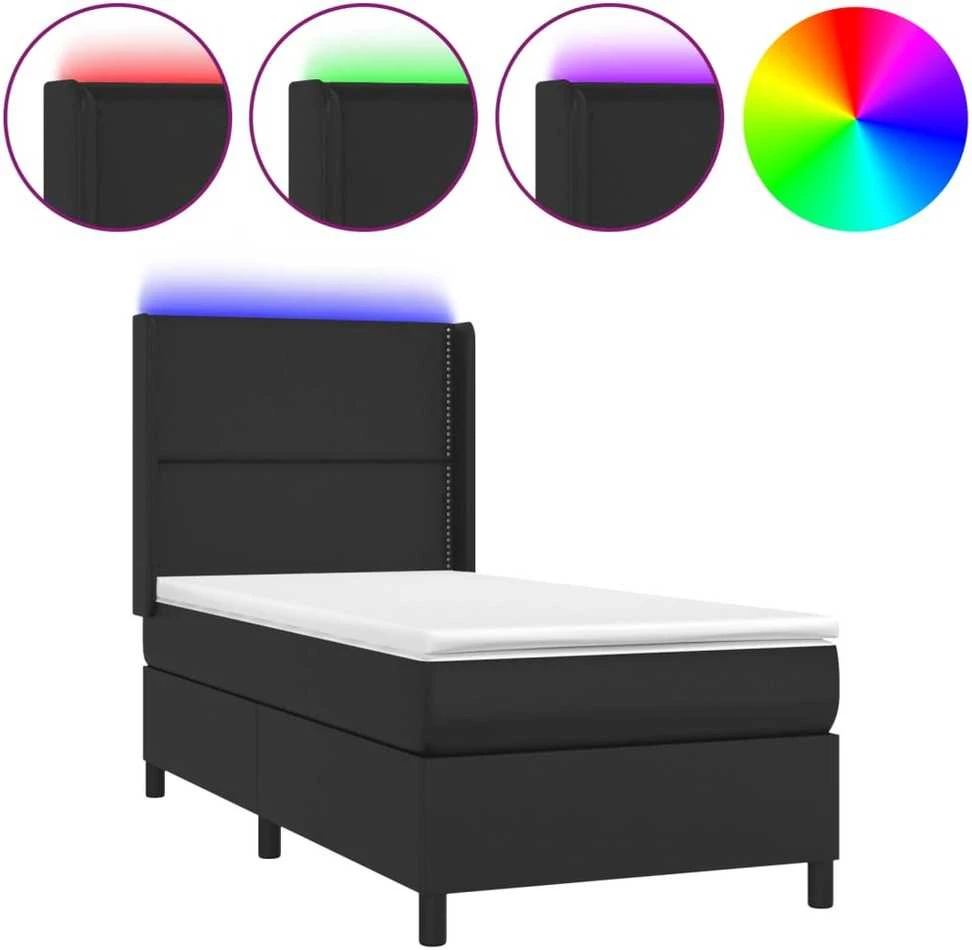 Lova su spyruoklėmis/čiužiniu/LED, juoda, 90x190cm dirbtinė oda