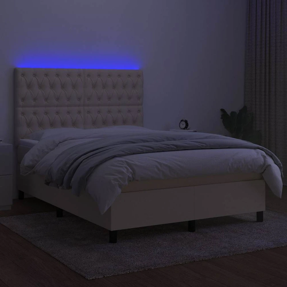Lova su spyruoklėmis/čiužiniu/LED, kreminė, 140x200 cm, audinys