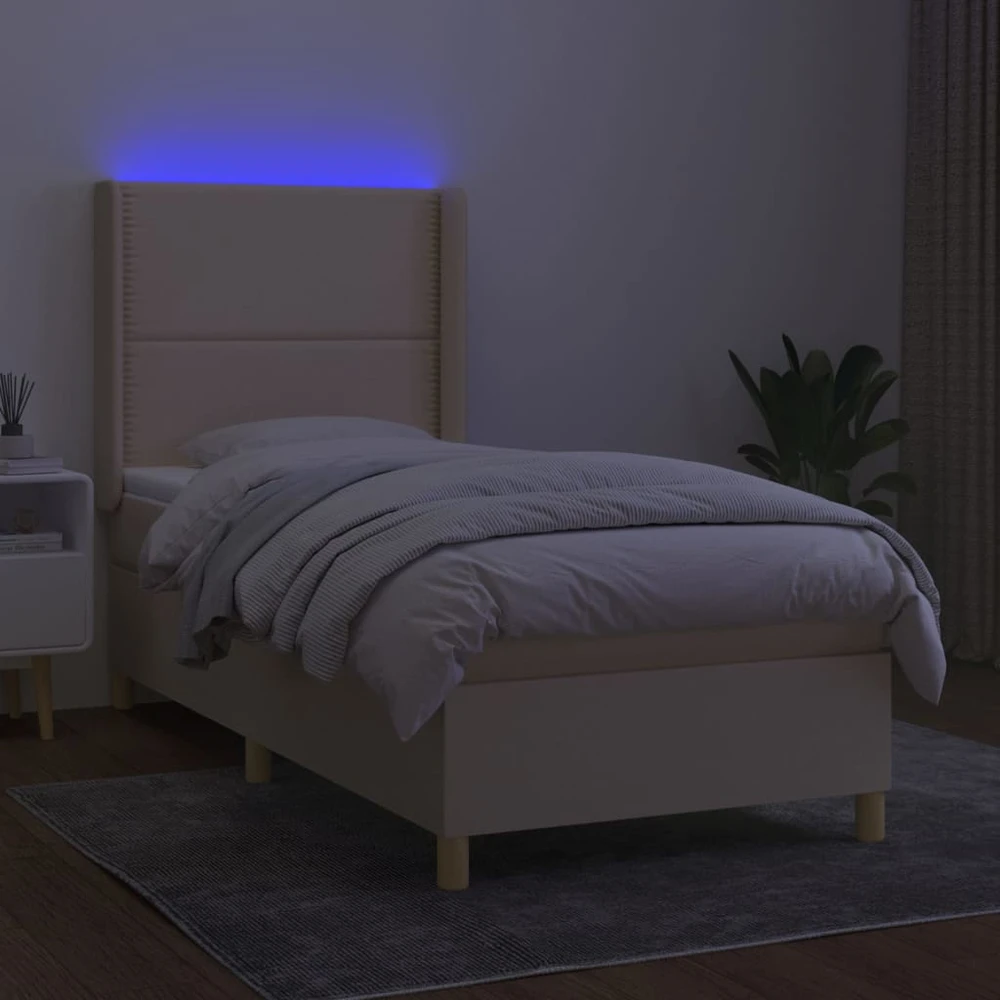 Lova su spyruoklėmis/čiužiniu/LED, kreminė, 90x200 cm, audinys