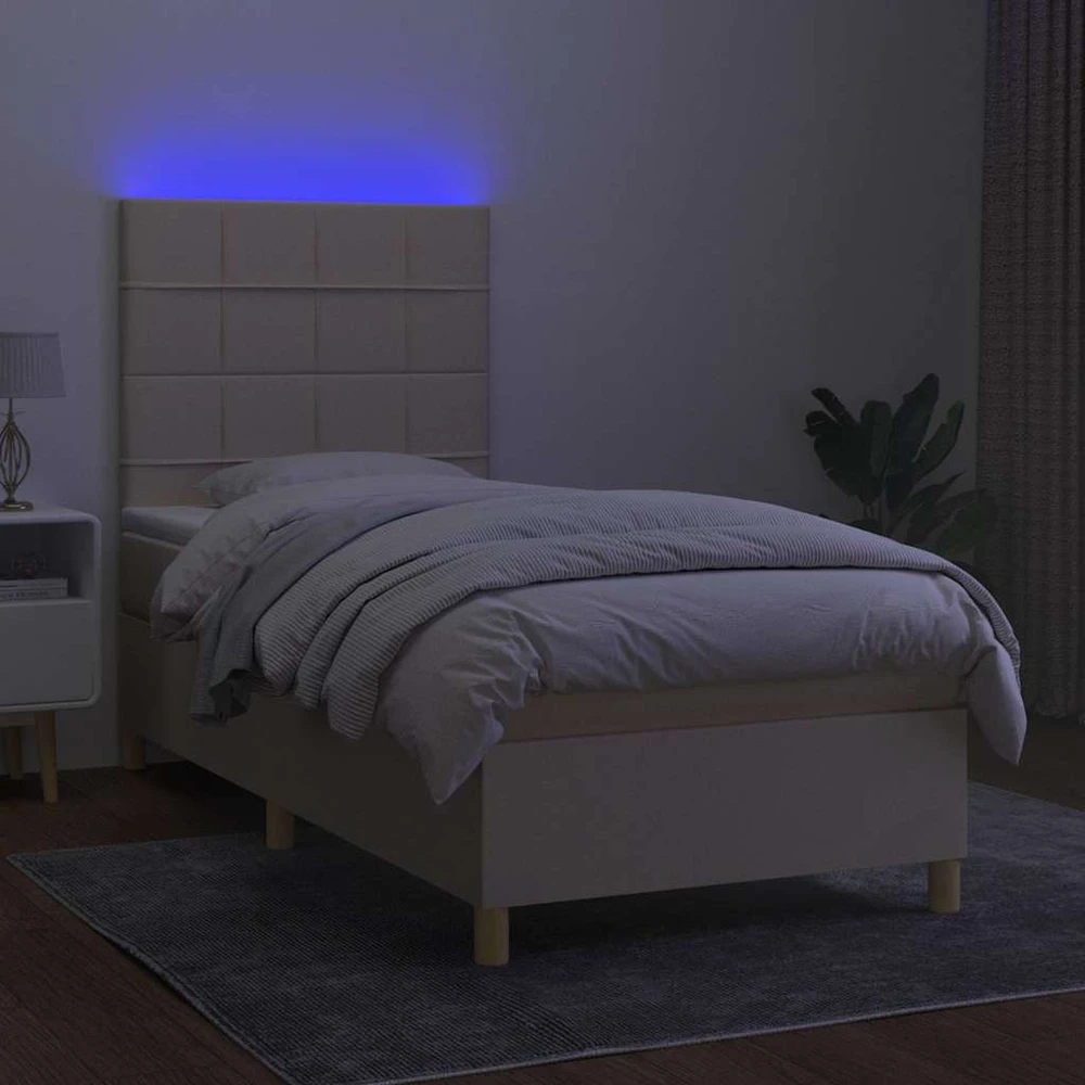 Lova su spyruoklėmis/čiužiniu/LED, kreminė, 90x200 cm, audinys