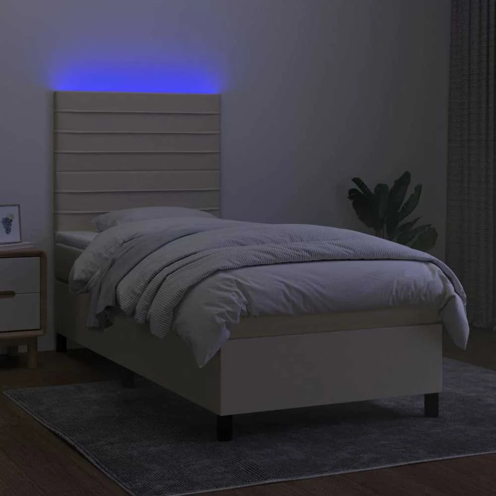 Lova su spyruoklėmis/čiužiniu/LED, kreminė, 90x200 cm, audinys