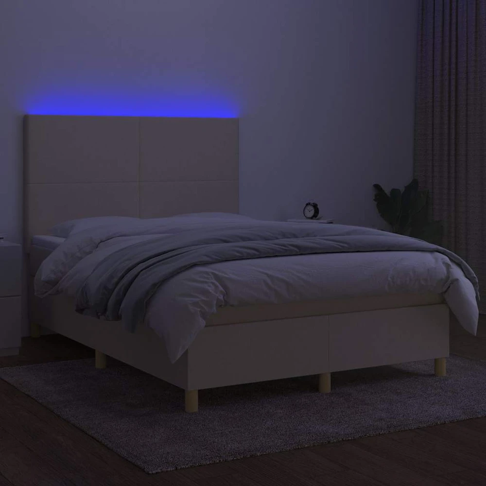 Lova su spyruoklėmis/čiužiniu/LED, kreminė, 140x190 cm, audinys