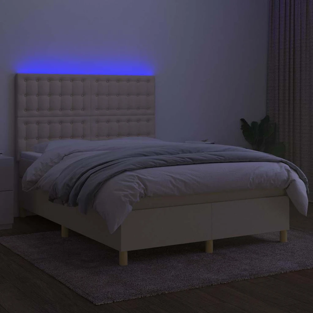 Lova su spyruoklėmis/čiužiniu/LED, kreminė, 140x190 cm, audinys