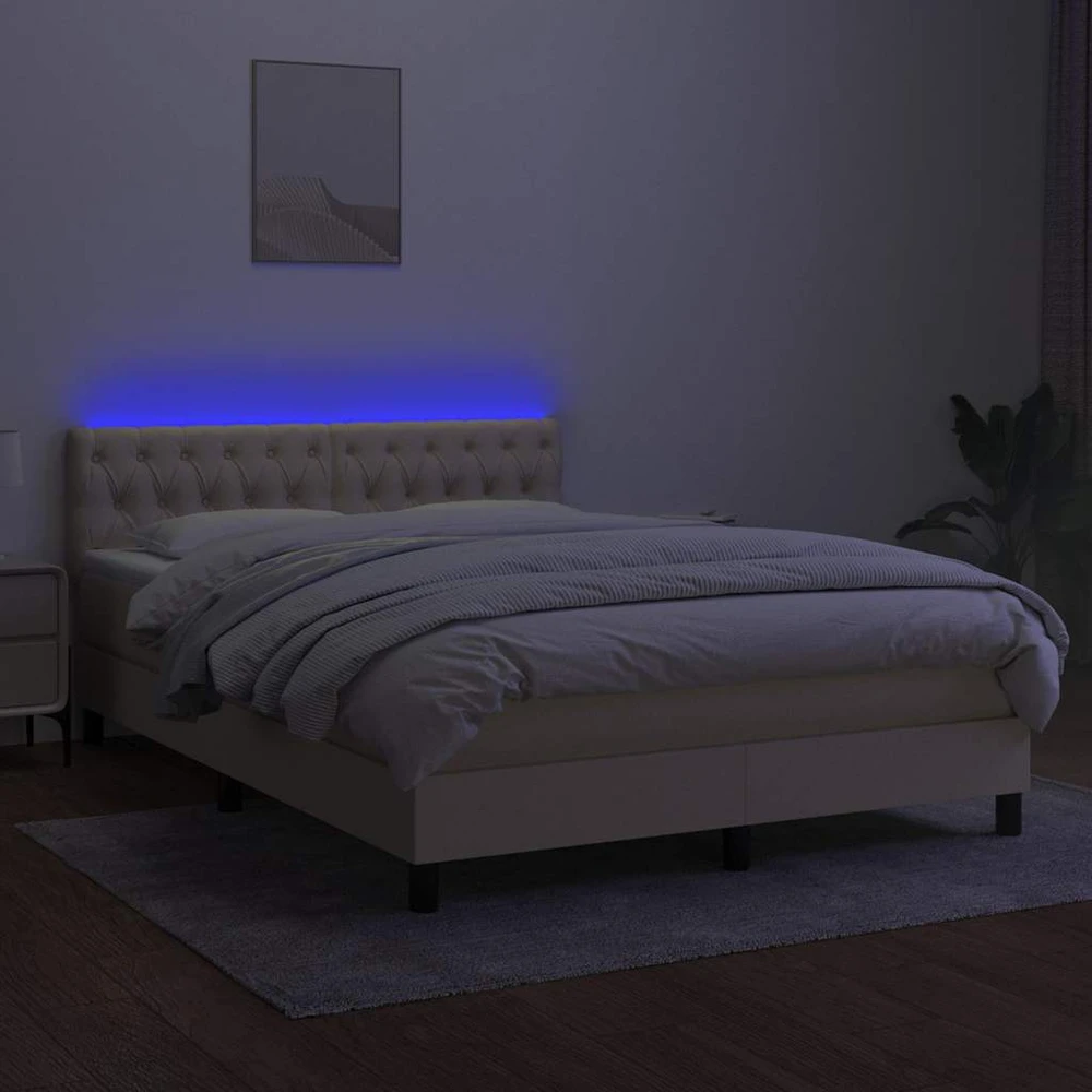 Lova su spyruoklėmis/čiužiniu/LED, kreminė, 140x190 cm, audinys