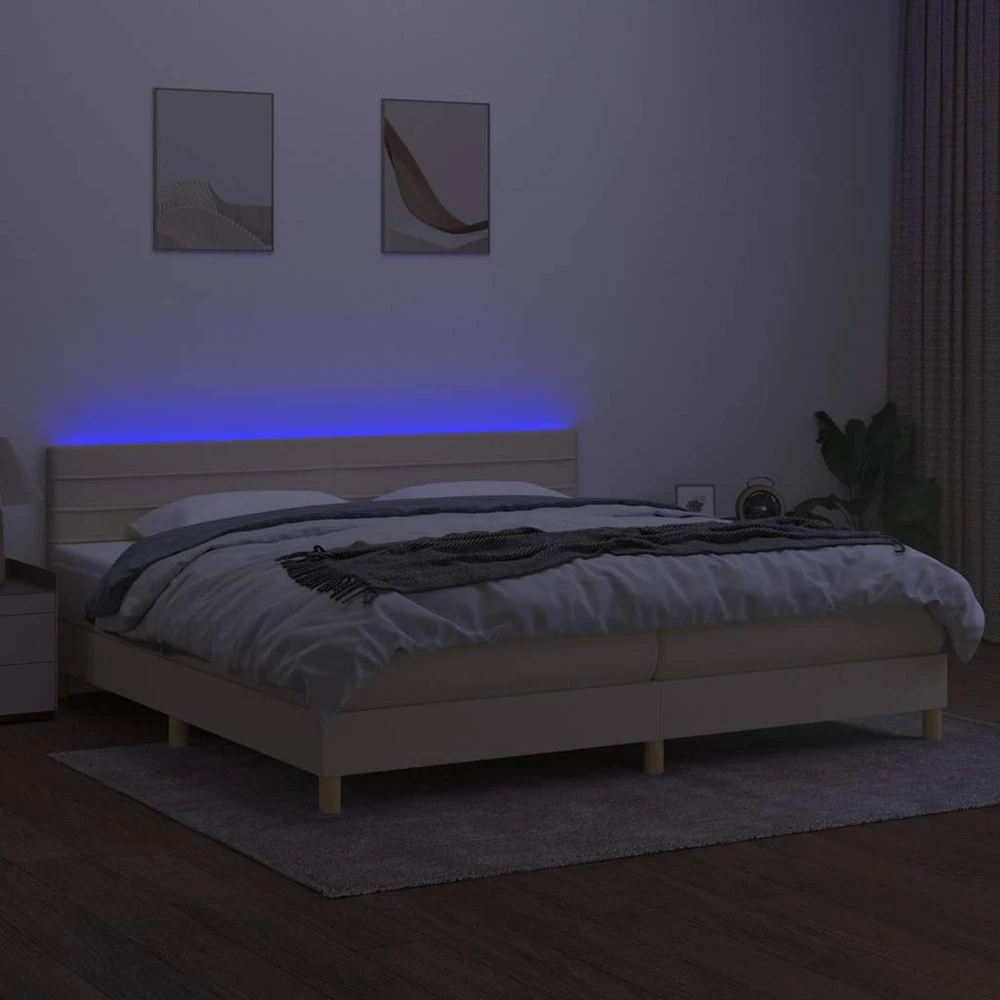 Lova su spyruoklėmis/čiužiniu/LED, kreminė, 200x200 cm, audinys