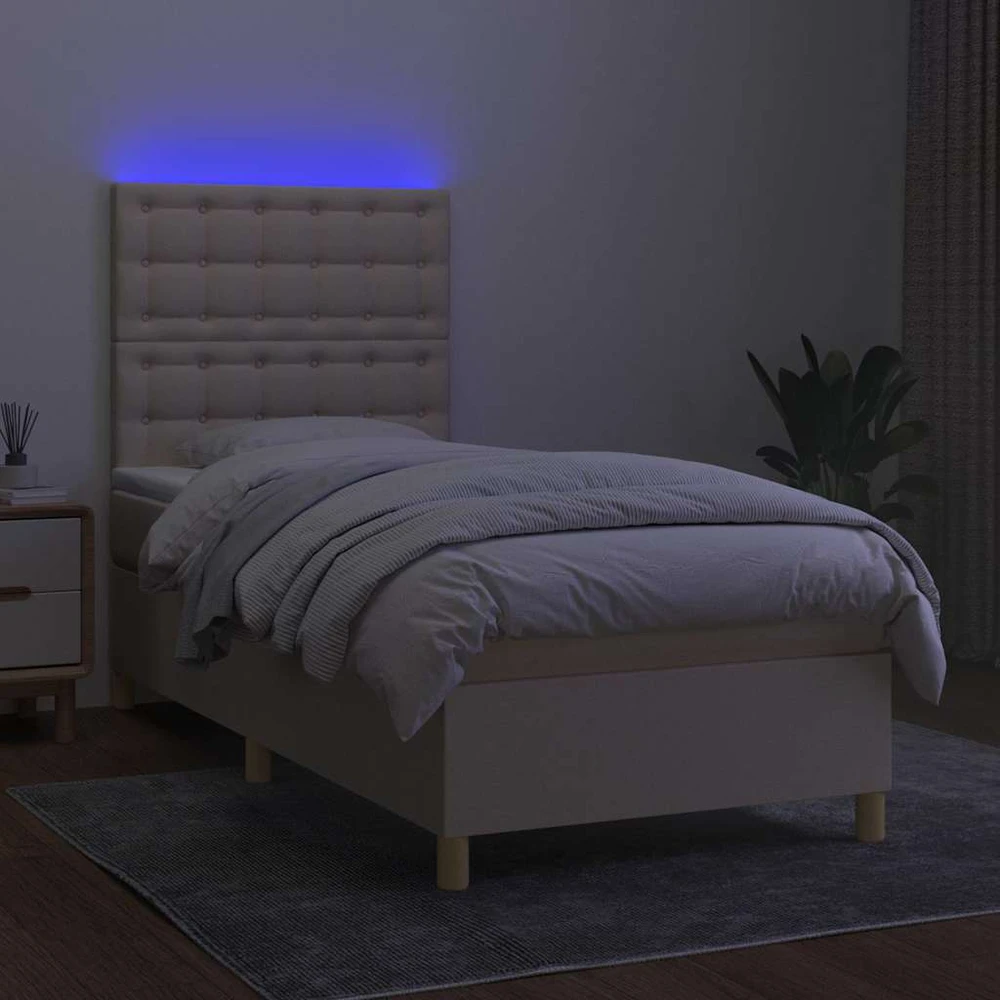 Lova su spyruoklėmis/čiužiniu/LED, kreminė, 90x200 cm, audinys