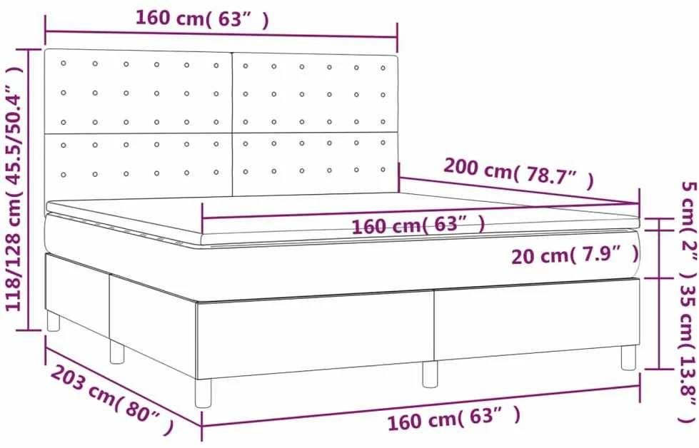 Lova su spyruoklėmis/čiužiniu/LED, pilka, 160x200cm, aksomas