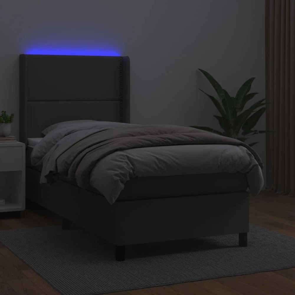 Lova su spyruoklėmis/čiužiniu/LED, pilka 100x200cm dirbtinė oda