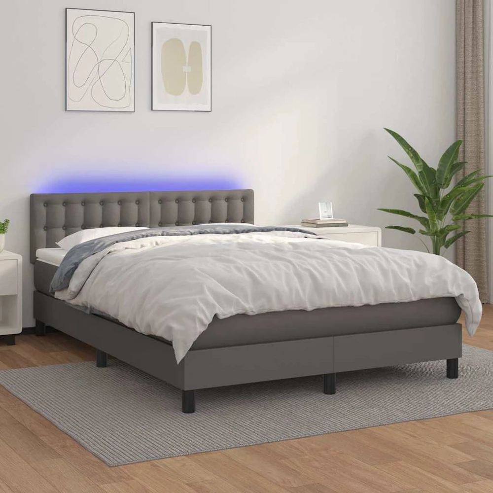 Lova su spyruoklėmis/čiužiniu/LED, pilka 140x190cm dirbtinė oda