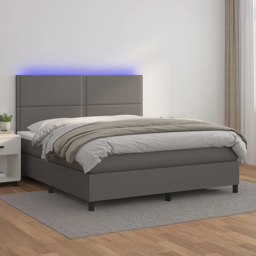 Lova su spyruoklėmis/čiužiniu/LED, pilka 140x190cm dirbtinė oda